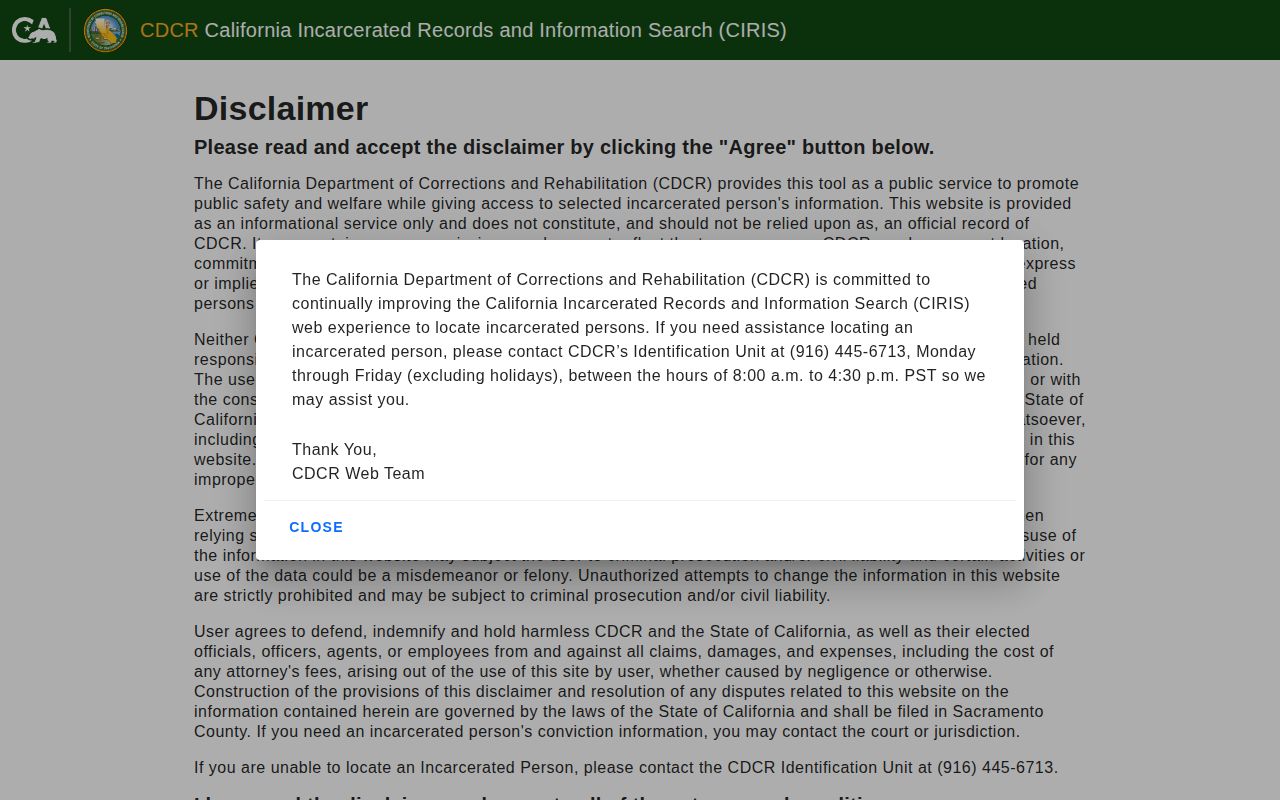 California CDCR CIRIS incarcerated person locator