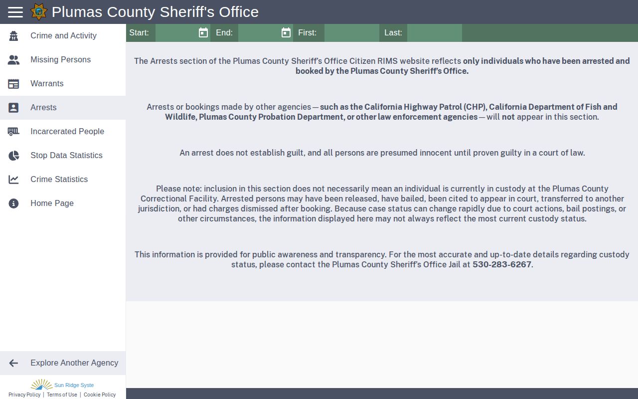 Plumas County Citizen RIMS recent arrests interface