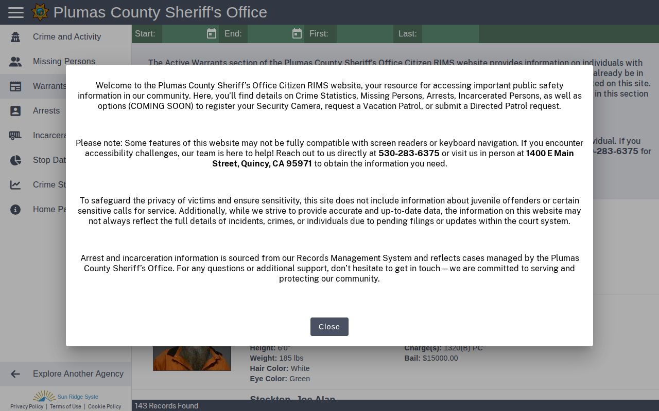 Plumas County Citizen RIMS warrants search route