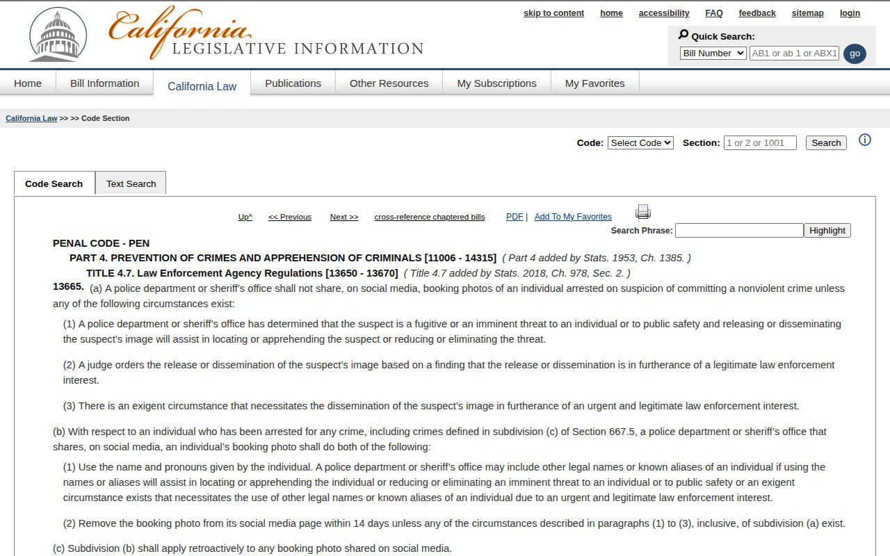 California Penal Code 13665 official booking photo publication law
