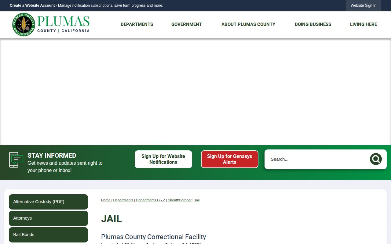 Official Plumas County jail webpage with correctional facility contact information