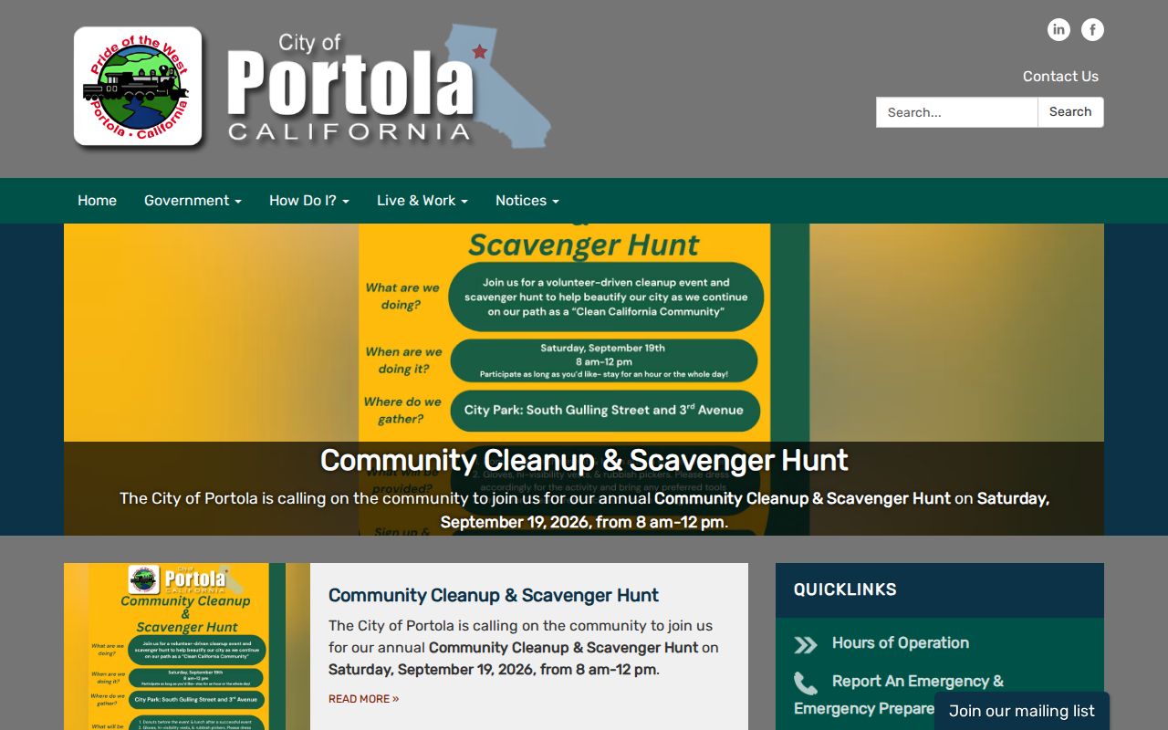 Official City of Portola website showing city government information