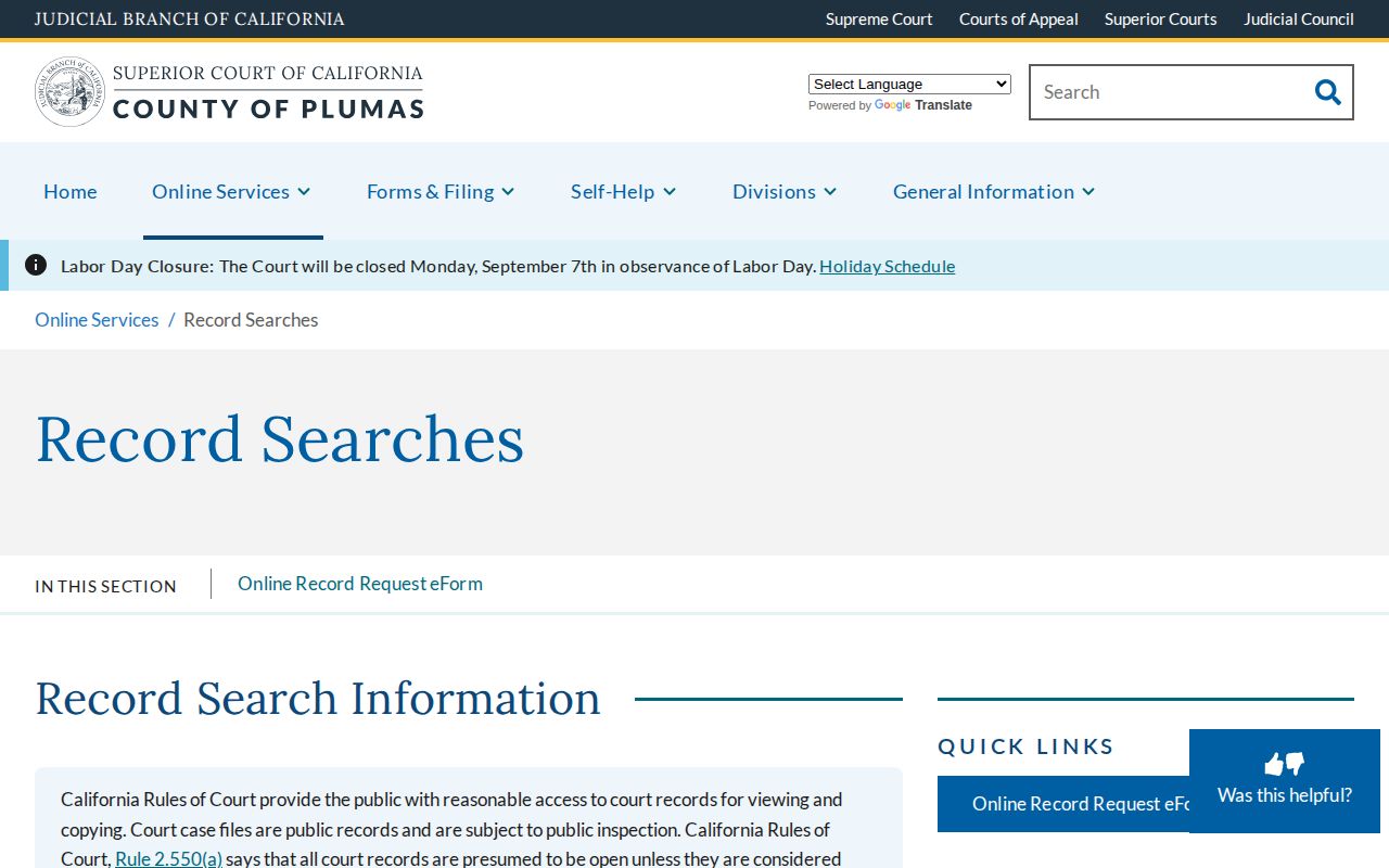 Plumas Superior Court official record searches webpage