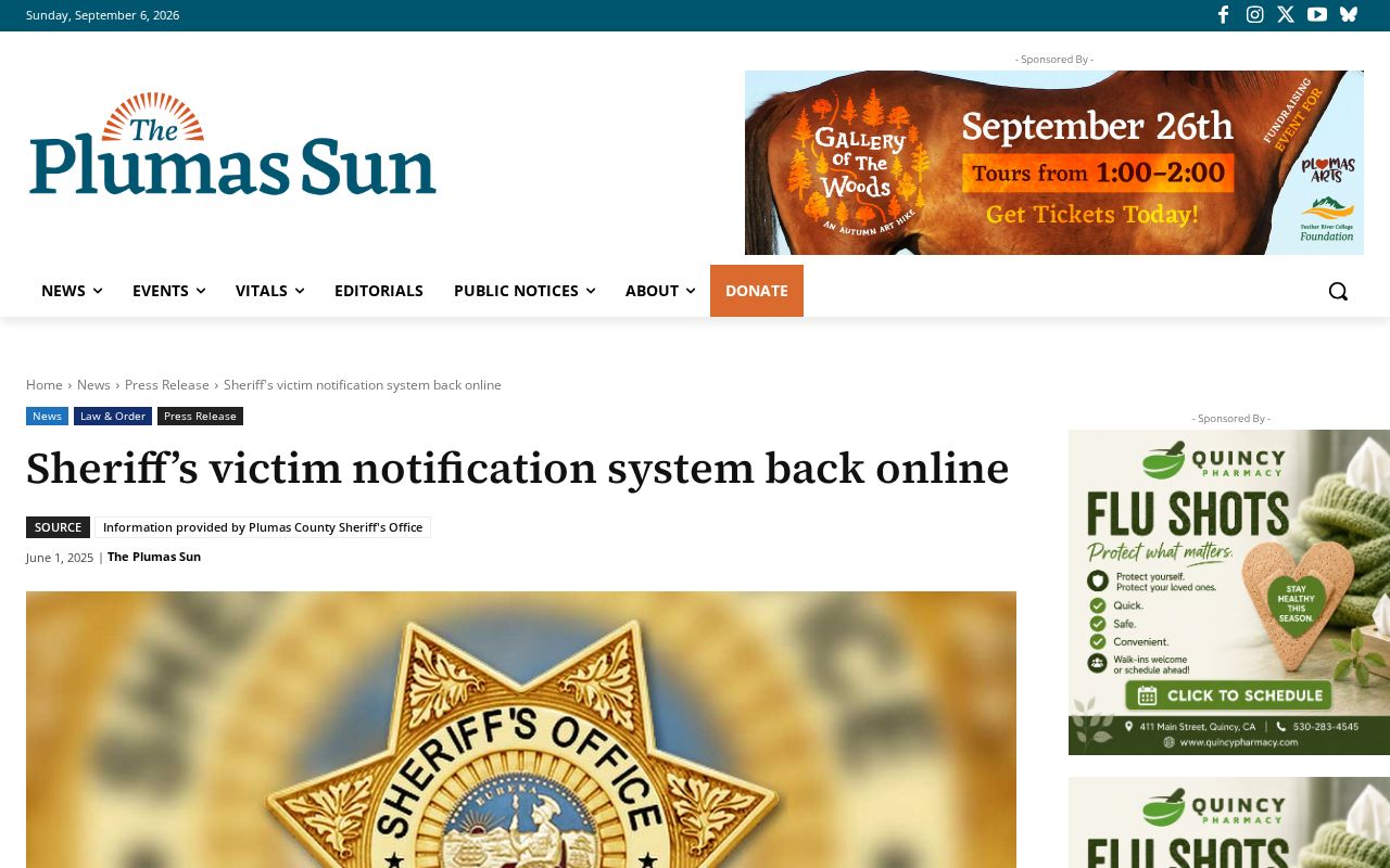 Plumas County VINE custody notification restoration report