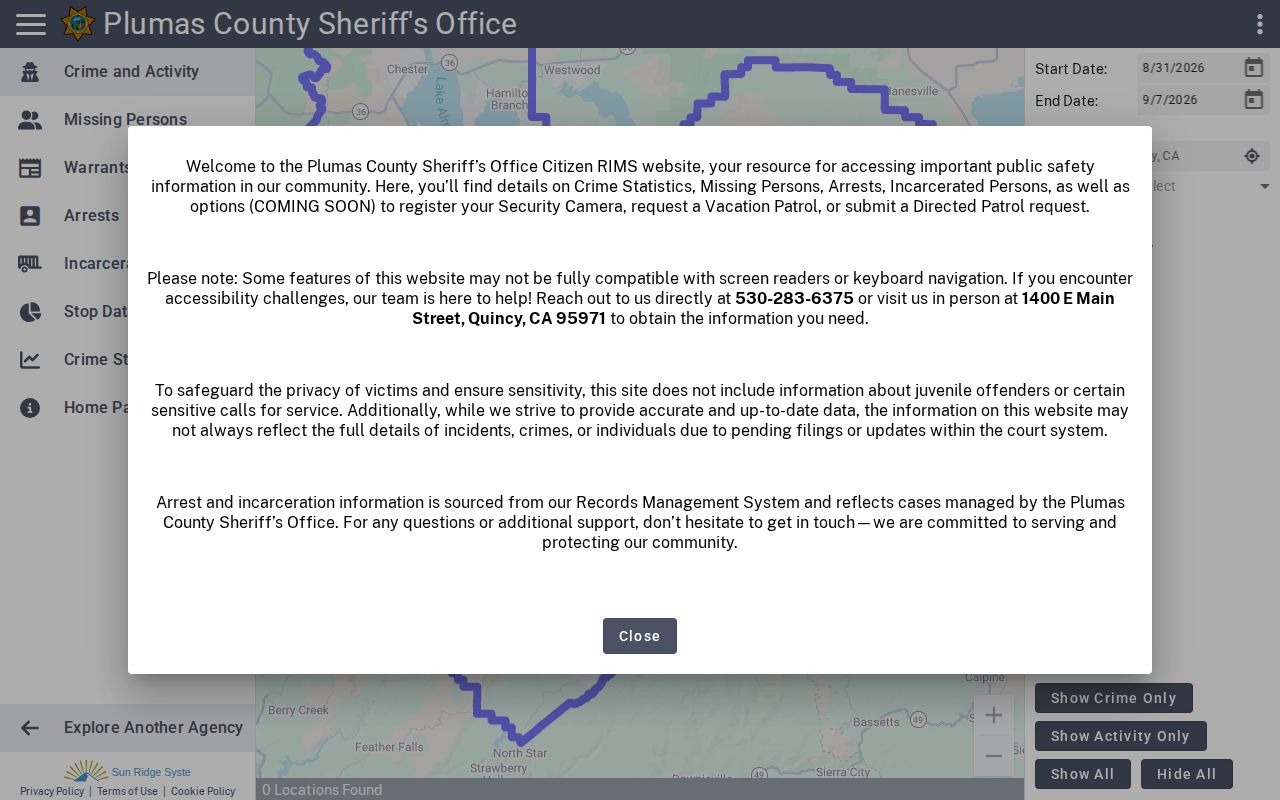 Plumas County Citizen RIMS arrest record interface